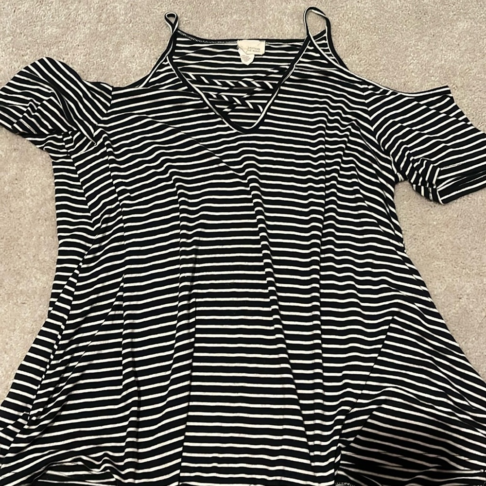 Soft Black and white striped cold shoulder tank top with cross cross neckline